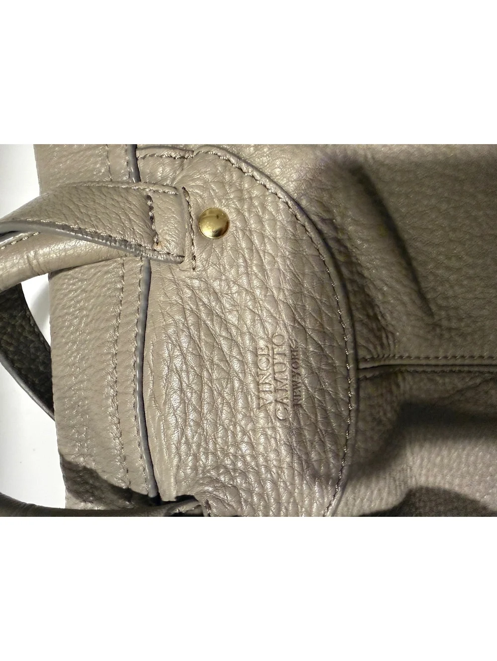 Vince Camuto Gray Pebbled Leather Drawstring Backpack Gold Hardware
